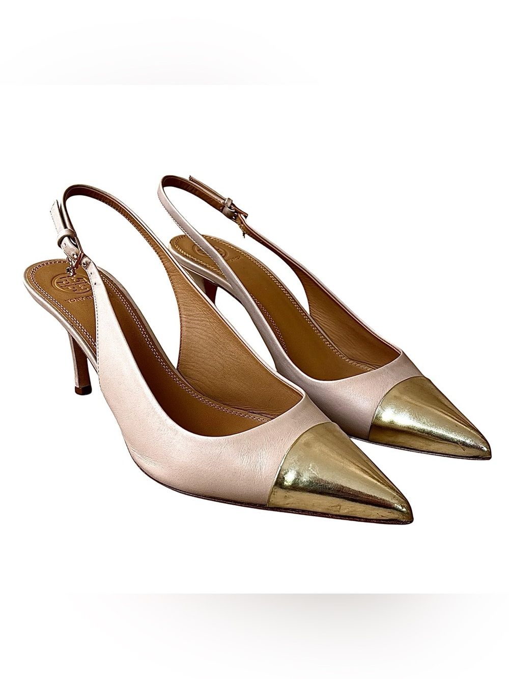 TORY BURCH Nude & Gold Leather Cap Toe Slingback Heels
